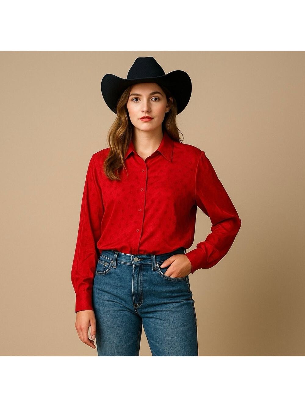 Vintage Ishyu 100% Silk Star Print Blouse Red Made in Hong Kong Size 12 western